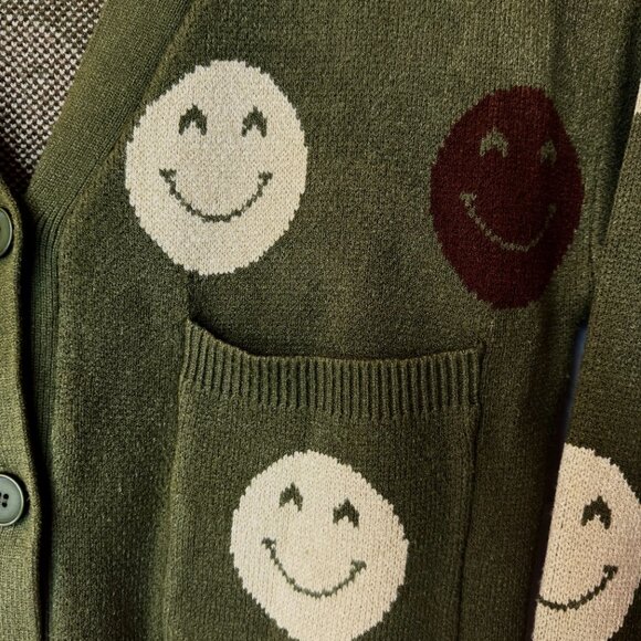 Forever 21 Women's Loose Fit Cardigan Size S Smiley Face Green Tan Jacquard Knit - Picture 3 of 8
